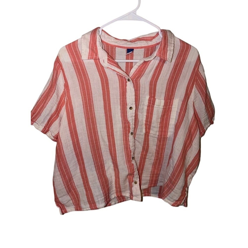 Old Navy Womens Large Coral Pink White‎ Striped Short Sleeve Button Down Shirt